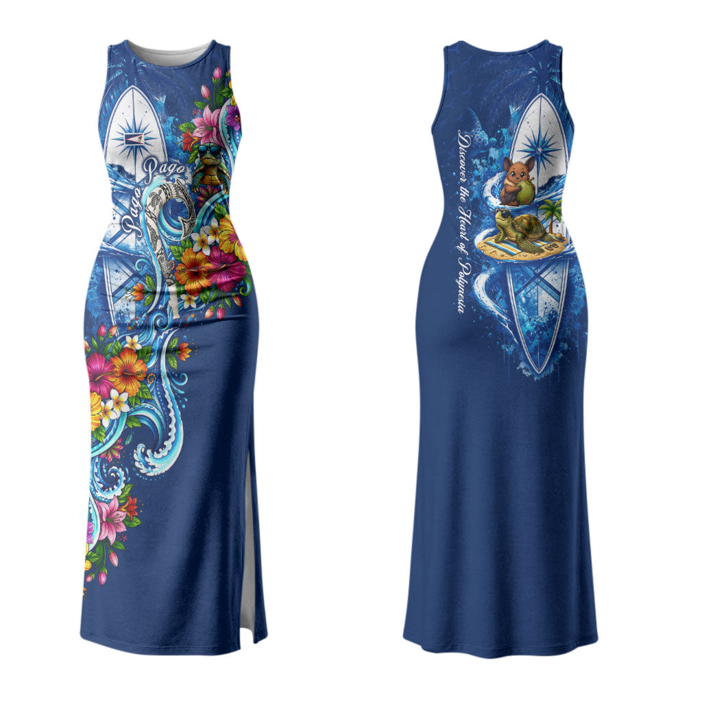 American Samoa Pago Pago Family Matching Tank Maxi Dress and Hawaiian Shirt Sea Turtle And Fruit Bat - Tropical Hibiscus Flowers Polynesian TS04 Mom's Dress Blue White - Polynesian Pride