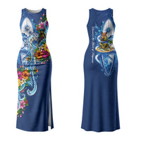 American Samoa Pago Pago Family Matching Tank Maxi Dress and Hawaiian Shirt Sea Turtle And Fruit Bat - Tropical Hibiscus Flowers Polynesian TS04 Mom's Dress Blue White - Polynesian Pride
