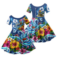 American Samoa Pago Pago Family Matching Tank Maxi Dress and Hawaiian Shirt Sea Turtle And Fruit Bat - Tropical Hibiscus Flowers Polynesian TS04 Daughter's Dress Blue White - Polynesian Pride