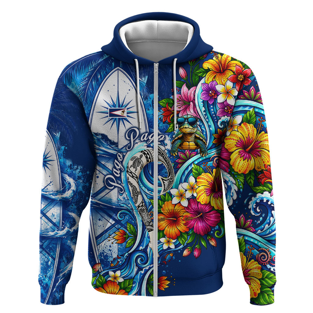American Samoa Pago Pago Hoodie Sea Turtle And Fruit Bat - Tropical Hibiscus Flowers Polynesian TS04 Zip Hoodie Blue White - Polynesian Pride