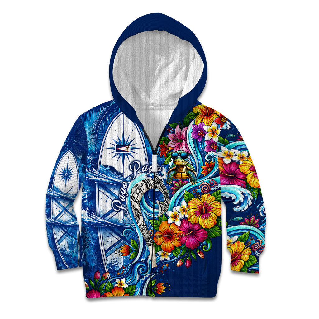 American Samoa Pago Pago Kid Hoodie Sea Turtle And Fruit Bat - Tropical Hibiscus Flowers Polynesian TS04 Zip Hoodie Blue White - Polynesian Pride