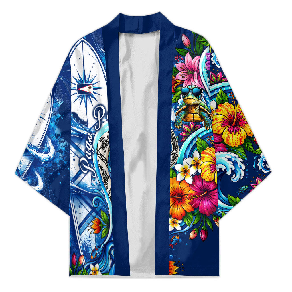 American Samoa Pago Pago Kimono Sea Turtle And Fruit Bat - Tropical Hibiscus Flowers Polynesian TS04 Unisex Blue White - Polynesian Pride