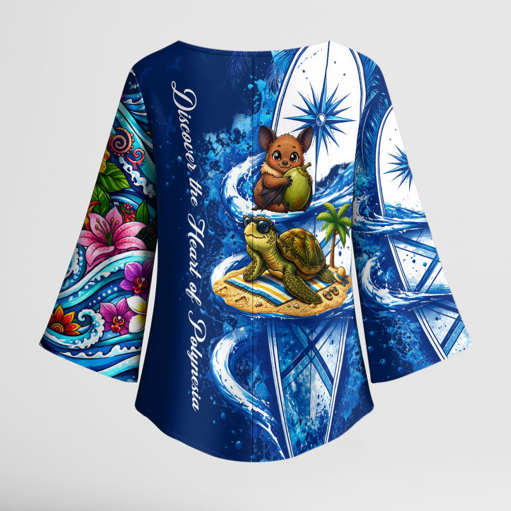 American Samoa Pago Pago Kimono Sleeve Blouse Sea Turtle And Fruit Bat - Tropical Hibiscus Flowers Polynesian