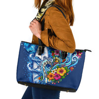 American Samoa Pago Pago Leather Tote Bag Sea Turtle And Fruit Bat - Tropical Hibiscus Flowers Polynesian