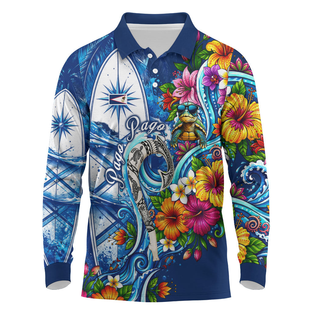 American Samoa Pago Pago Long Sleeve Polo Shirt Sea Turtle And Fruit Bat - Tropical Hibiscus Flowers Polynesian