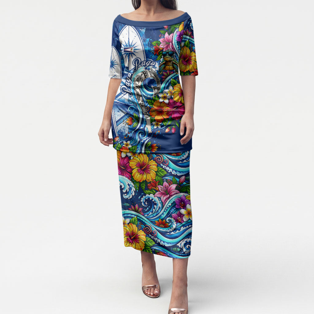 American Samoa Pago Pago Puletasi Sea Turtle And Fruit Bat - Tropical Hibiscus Flowers Polynesian TS04 Long Dress Blue White - Polynesian Pride