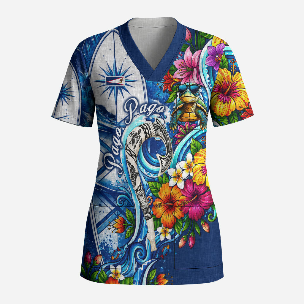 American Samoa Pago Pago Scrub Top Sea Turtle And Fruit Bat - Tropical Hibiscus Flowers Polynesian TS04 Adult Blue White - Polynesian Pride
