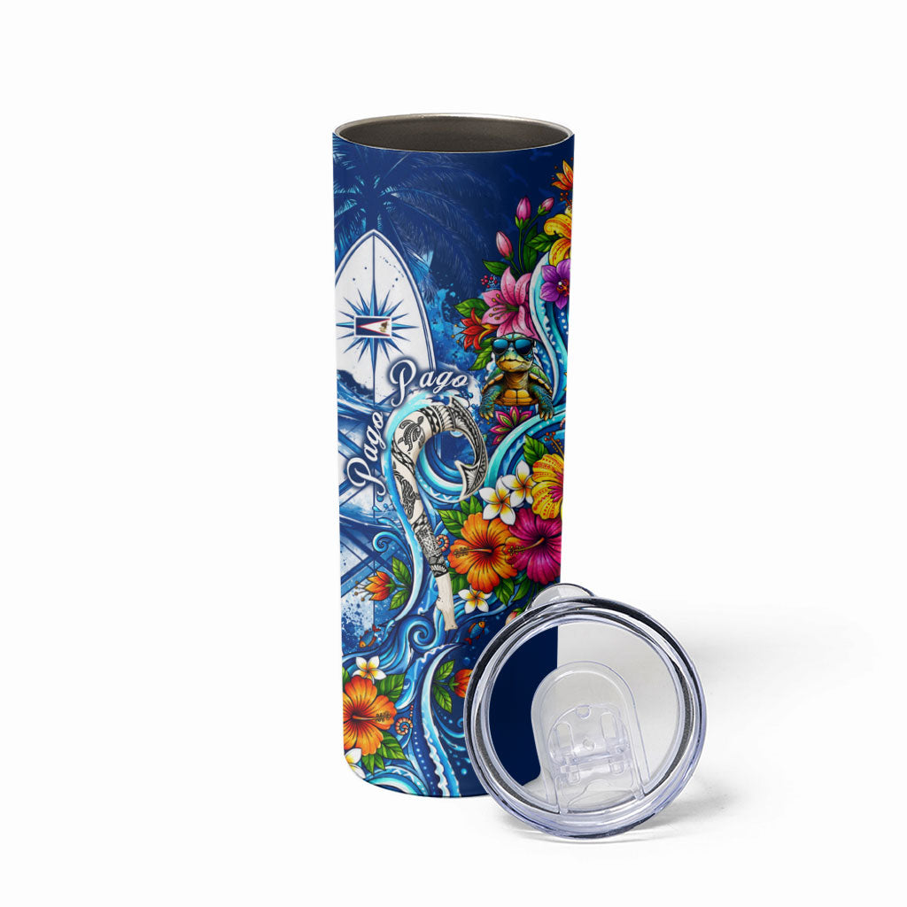 American Samoa Pago Pago Skinny Tumbler Sea Turtle And Fruit Bat - Tropical Hibiscus Flowers Polynesian TS04 - Polynesian Pride