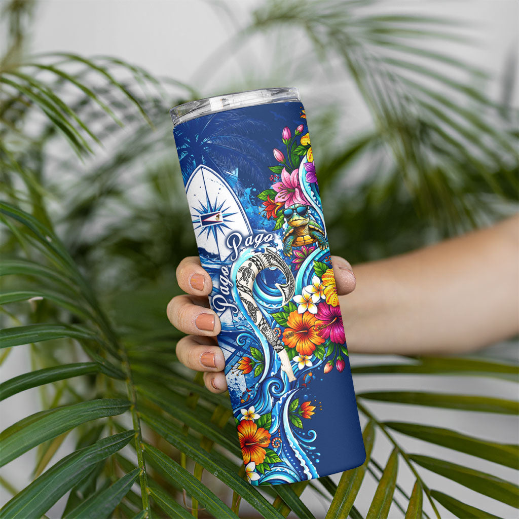 American Samoa Pago Pago Skinny Tumbler Sea Turtle And Fruit Bat - Tropical Hibiscus Flowers Polynesian TS04 - Polynesian Pride