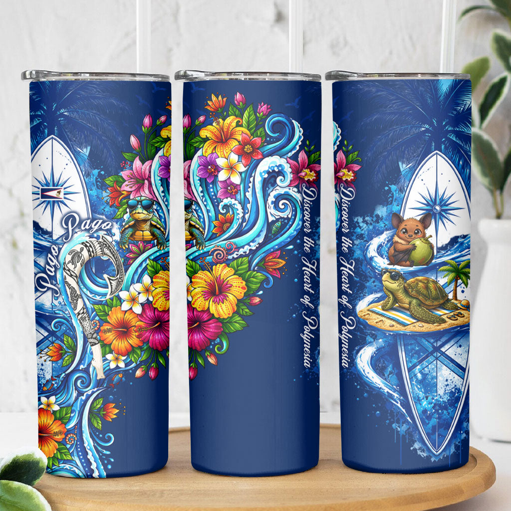 American Samoa Pago Pago Skinny Tumbler Sea Turtle And Fruit Bat - Tropical Hibiscus Flowers Polynesian TS04 - Polynesian Pride