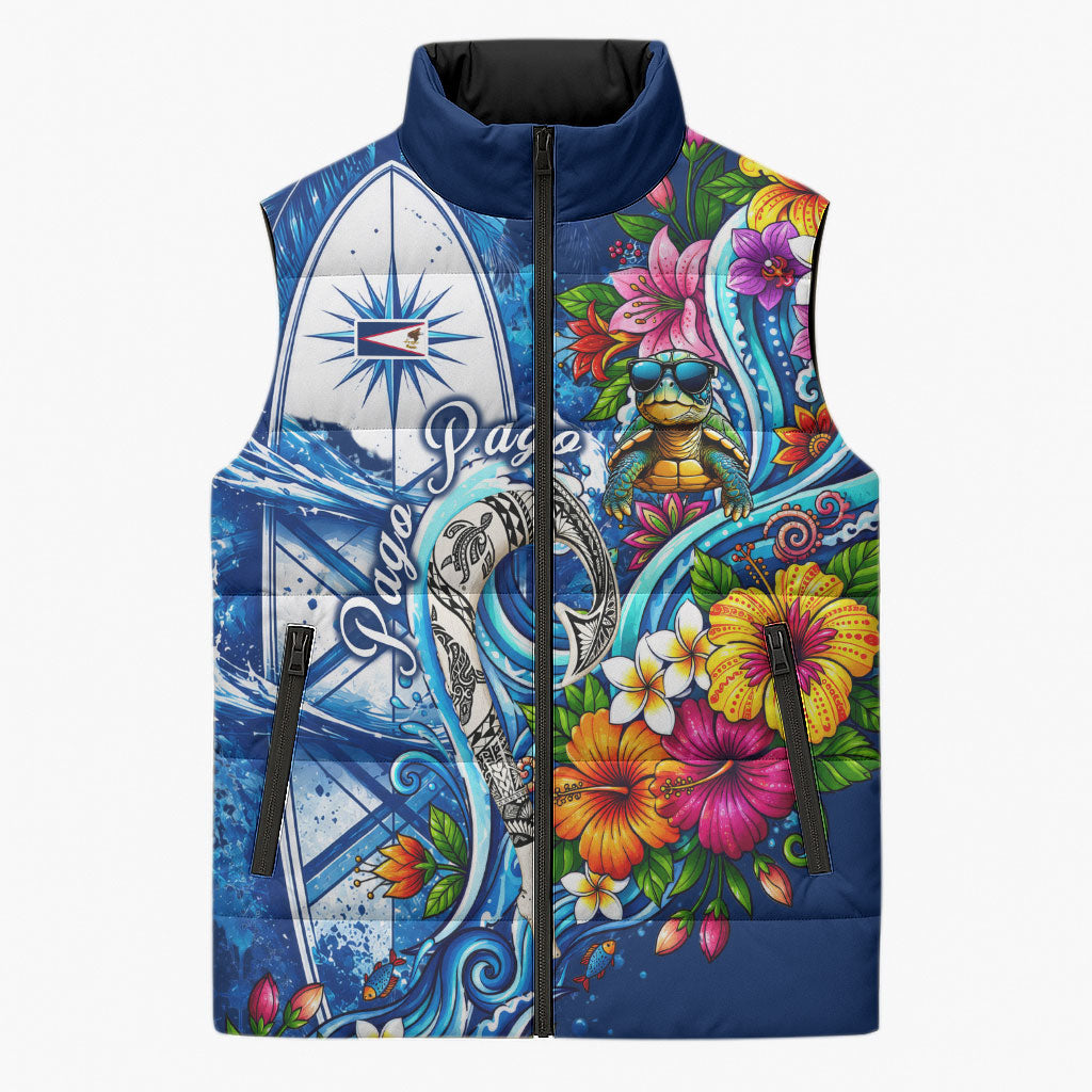 American Samoa Pago Pago Sleeveless Puffer Jacket Sea Turtle And Fruit Bat - Tropical Hibiscus Flowers Polynesian TS04 Unisex Blue White - Polynesian Pride