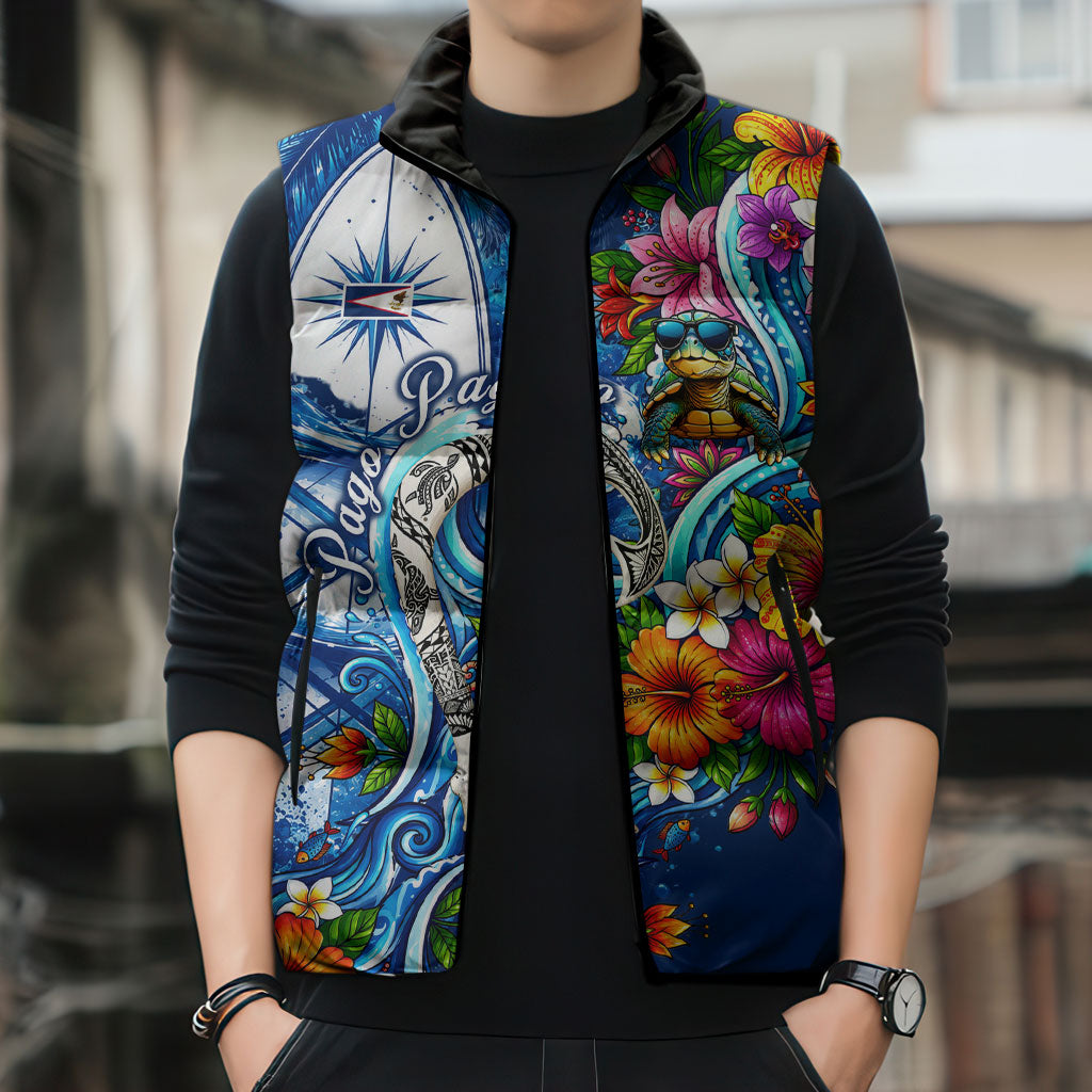 American Samoa Pago Pago Sleeveless Puffer Jacket Sea Turtle And Fruit Bat - Tropical Hibiscus Flowers Polynesian TS04 - Polynesian Pride