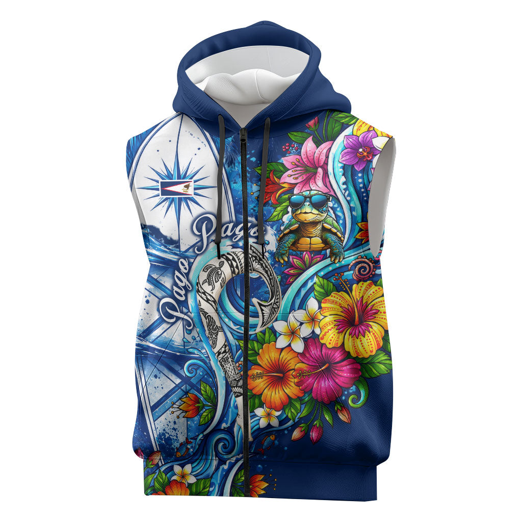 American Samoa Pago Pago Sleeveless Zip Hoodie Sea Turtle And Fruit Bat - Tropical Hibiscus Flowers Polynesian TS04 Blue White - Polynesian Pride