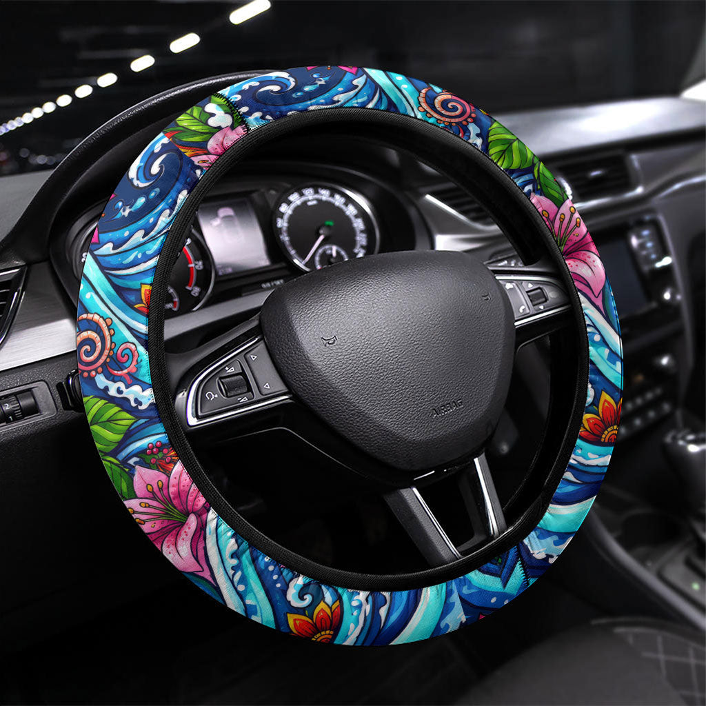 American Samoa Pago Pago Steering Wheel Cover Sea Turtle And Fruit Bat - Tropical Hibiscus Flowers Polynesian TS04 Universal Fit Blue White - Polynesian Pride