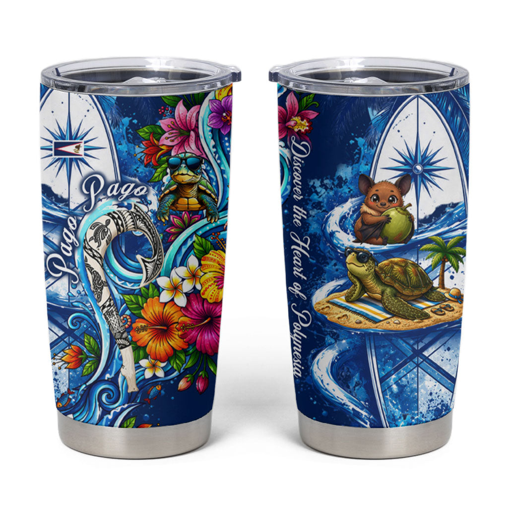 American Samoa Pago Pago Tumbler Cup Sea Turtle And Fruit Bat - Tropical Hibiscus Flowers Polynesian