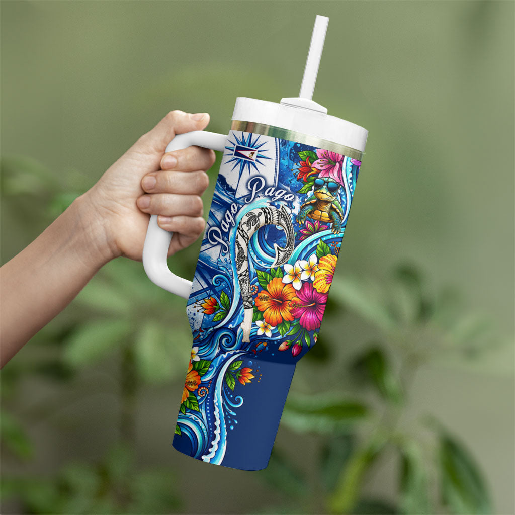 American Samoa Pago Pago Tumbler With Handle Sea Turtle And Fruit Bat - Tropical Hibiscus Flowers Polynesian TS04 - Polynesian Pride