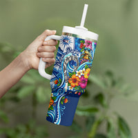 American Samoa Pago Pago Tumbler With Handle Sea Turtle And Fruit Bat - Tropical Hibiscus Flowers Polynesian TS04 - Polynesian Pride