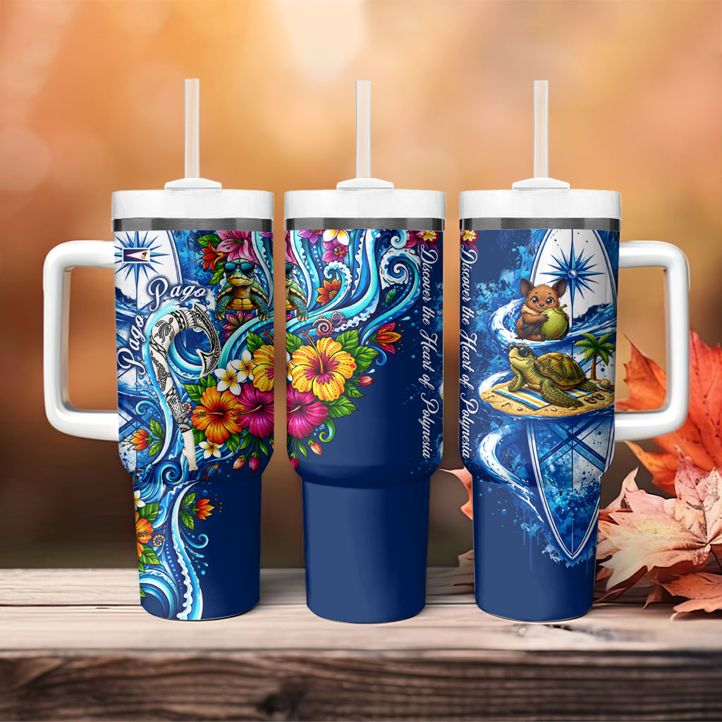 American Samoa Pago Pago Tumbler With Handle Sea Turtle And Fruit Bat - Tropical Hibiscus Flowers Polynesian TS04 - Polynesian Pride