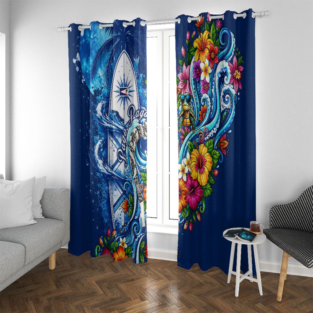 American Samoa Pago Pago Window Curtain Sea Turtle And Fruit Bat - Tropical Hibiscus Flowers Polynesian TS04 With Grommets Blue White - Polynesian Pride