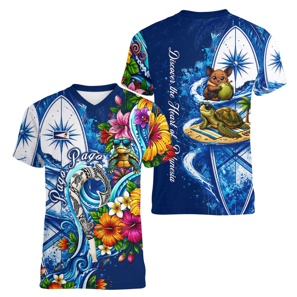 American Samoa Pago Pago Women V-Neck T-Shirt Sea Turtle And Fruit Bat - Tropical Hibiscus Flowers Polynesian TS04 - Polynesian Pride