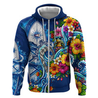 American Samoa Pago Pago Zip Hoodie Sea Turtle And Fruit Bat - Tropical Hibiscus Flowers Polynesian TS04 Zip Hoodie Blue White - Polynesian Pride