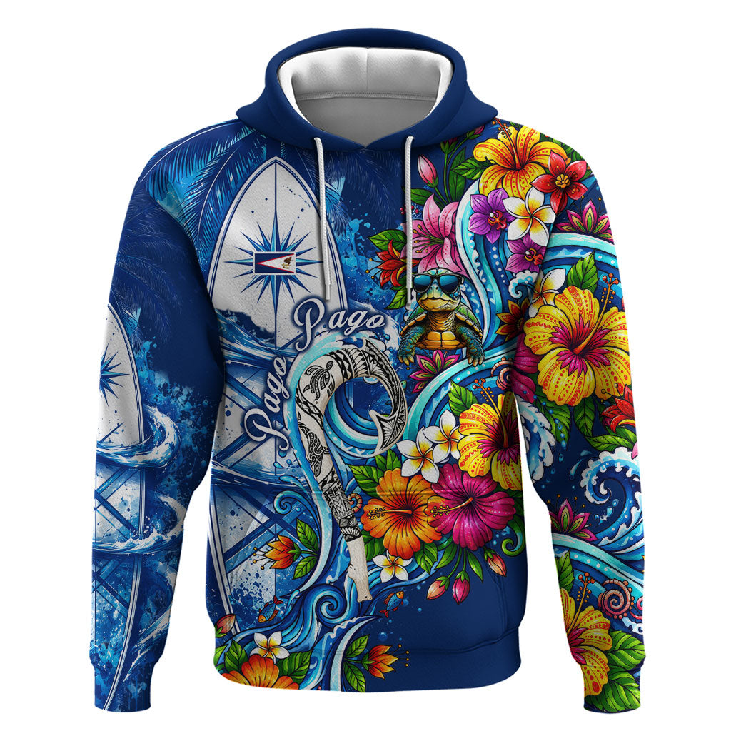 American Samoa Pago Pago Zip Hoodie Sea Turtle And Fruit Bat - Tropical Hibiscus Flowers Polynesian TS04 Pullover Hoodie Blue White - Polynesian Pride