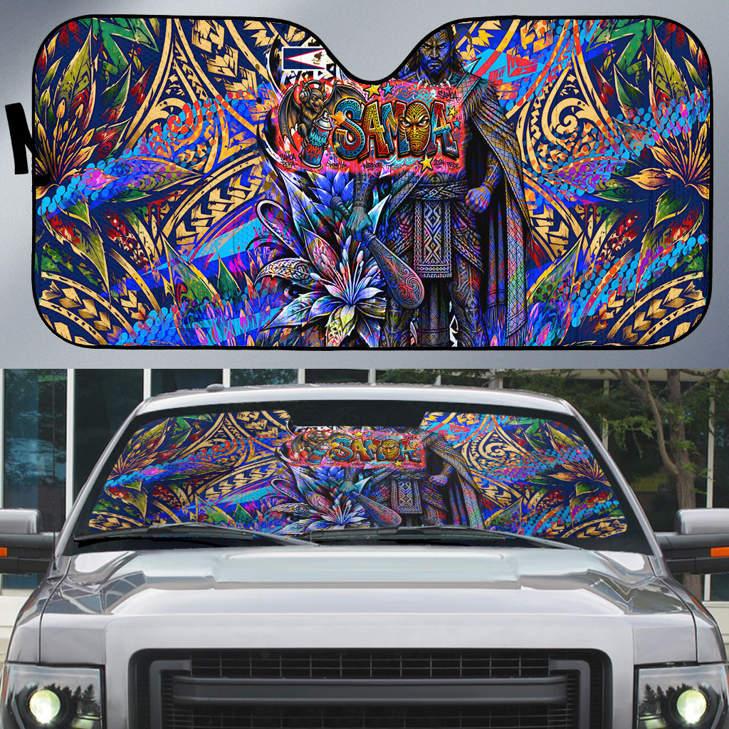 American Samoa Warrior Auto Sun Shade Polynesian Fruit Bat Talofa Urban Graffiti Street Art TS04 Blue Yellow - Polynesian Pride