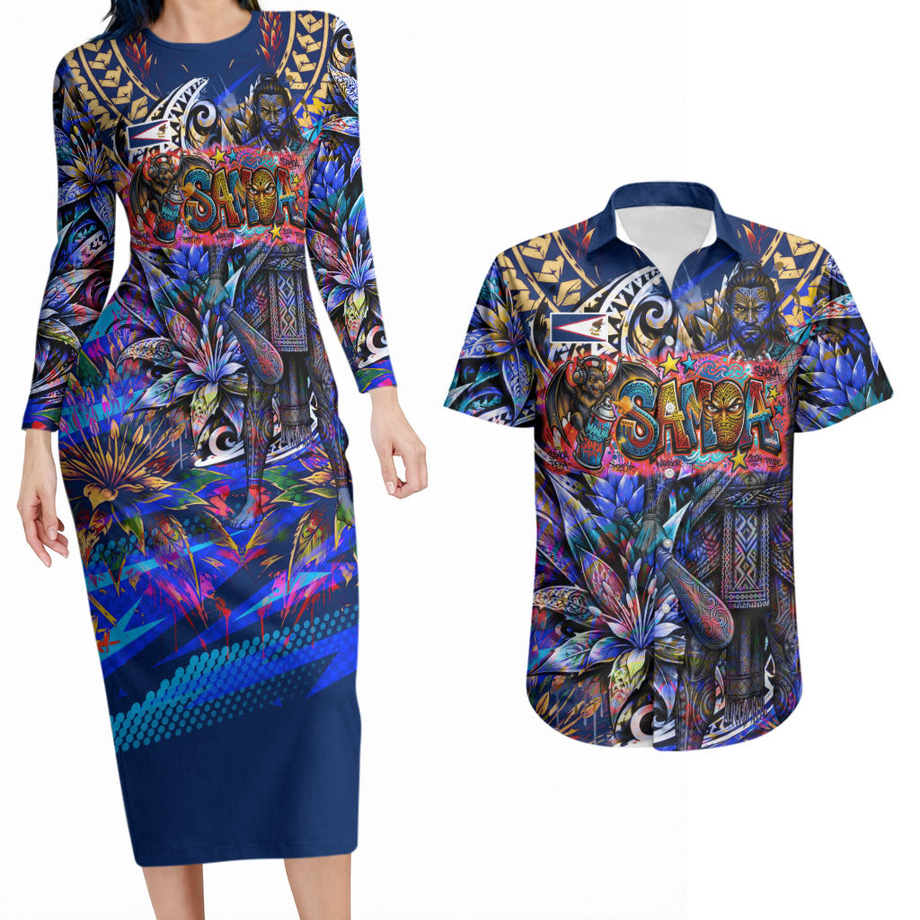 American Samoa Warrior Couples Matching Long Sleeve Bodycon Dress and Hawaiian Shirt Polynesian Fruit Bat Talofa Urban Graffiti Street Art TS04 Blue Yellow - Polynesian Pride