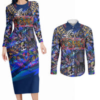 American Samoa Warrior Couples Matching Long Sleeve Bodycon Dress and Long Sleeve Button Shirt Polynesian Fruit Bat Talofa Urban Graffiti Street Art TS04 Blue Yellow - Polynesian Pride
