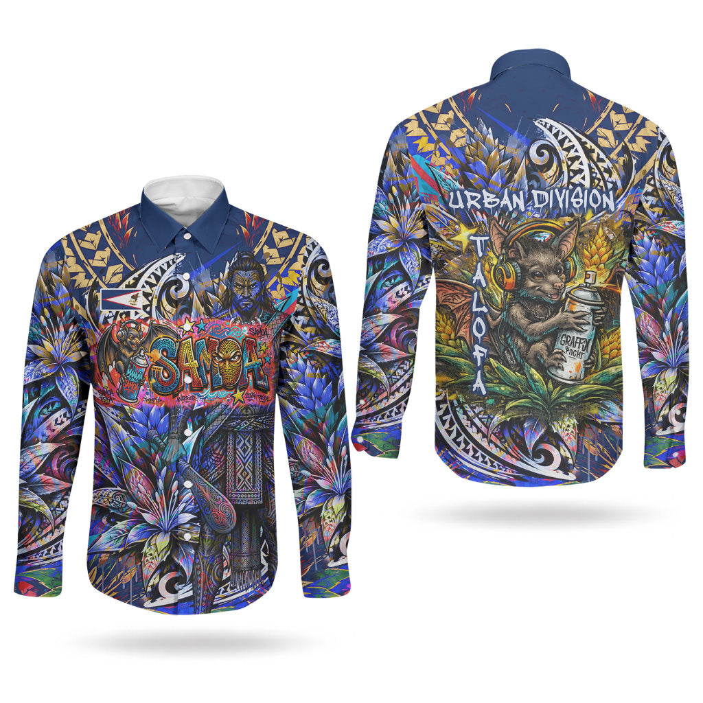 American Samoa Warrior Couples Matching Long Sleeve Bodycon Dress and Long Sleeve Button Shirt Polynesian Fruit Bat Talofa Urban Graffiti Street Art TS04 - Polynesian Pride