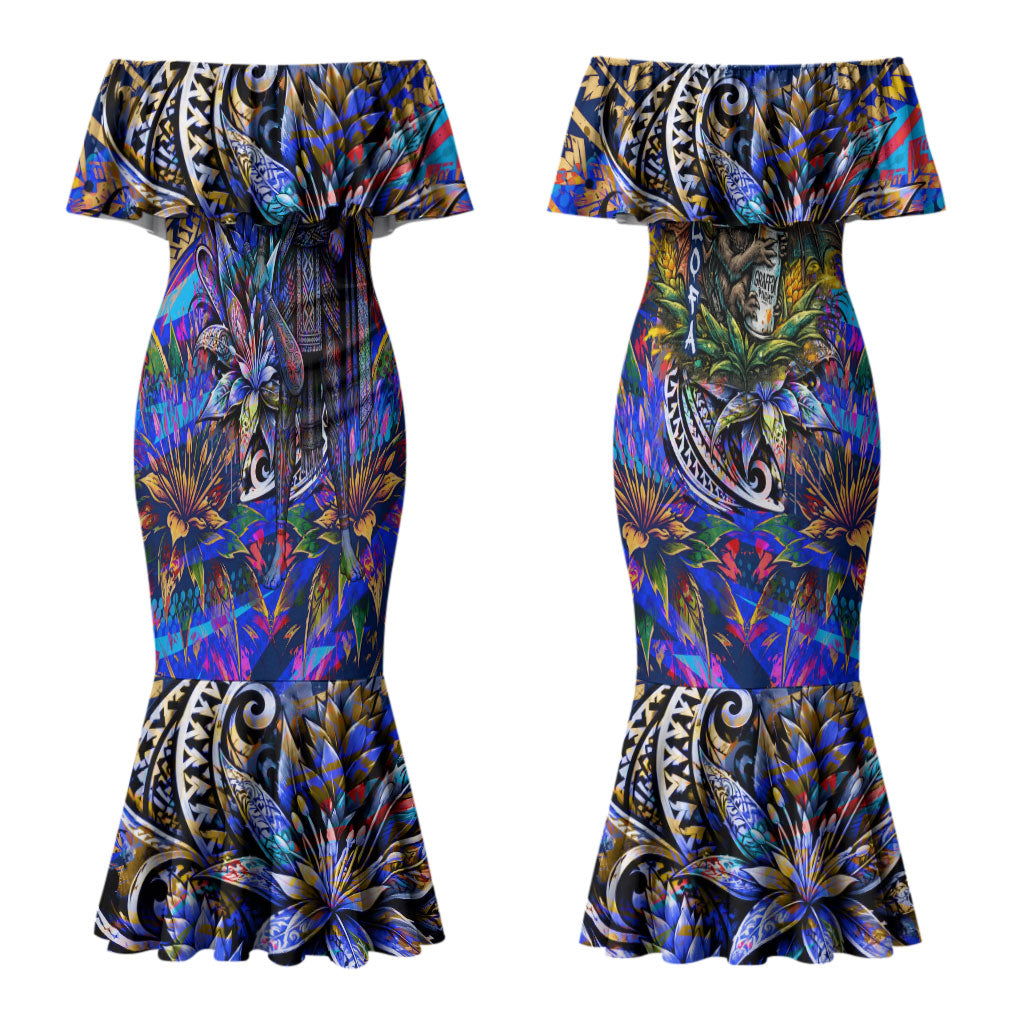 American Samoa Warrior Couples Matching Mermaid Dress and Long Sleeve Button Shirt Polynesian Fruit Bat Talofa Urban Graffiti Street Art TS04 - Polynesian Pride