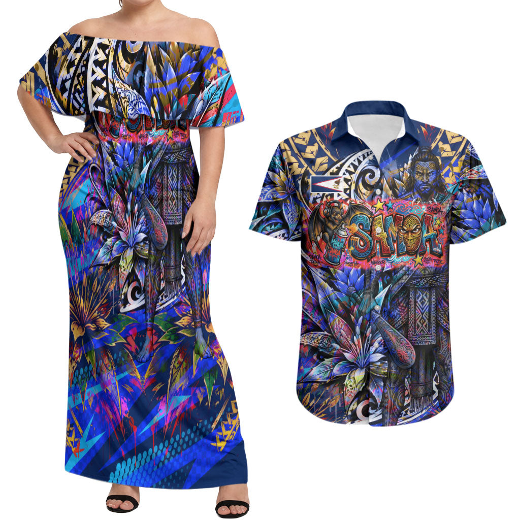 American Samoa Warrior Couples Matching Off Shoulder Maxi Dress and Hawaiian Shirt Polynesian Fruit Bat Talofa Urban Graffiti Street Art TS04 Blue Yellow - Polynesian Pride