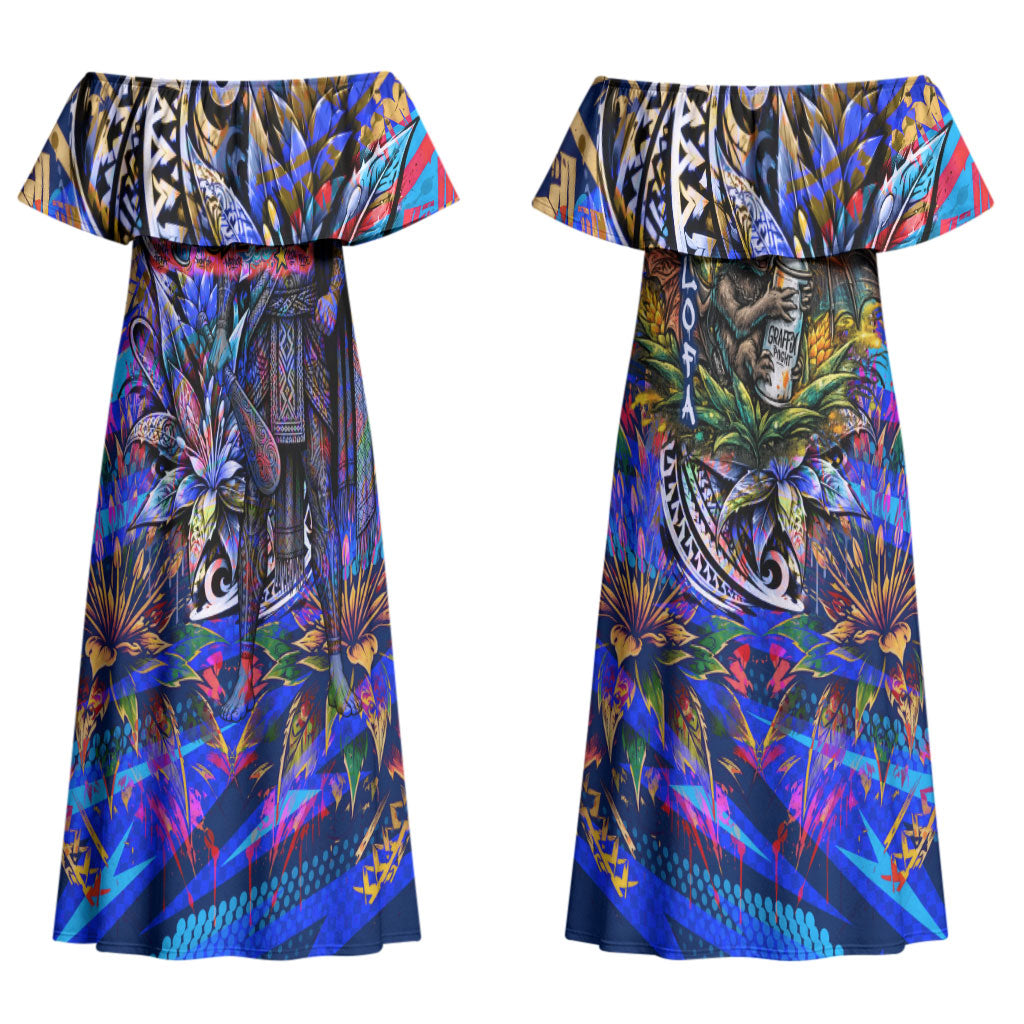 American Samoa Warrior Couples Matching Off Shoulder Maxi Dress and Hawaiian Shirt Polynesian Fruit Bat Talofa Urban Graffiti Street Art TS04 - Polynesian Pride