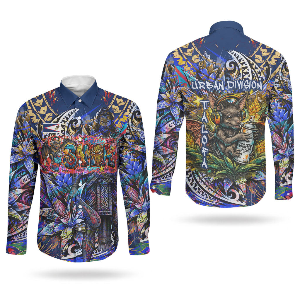 American Samoa Warrior Couples Matching Off The Shoulder Long Sleeve Dress and Long Sleeve Button Shirt Polynesian Fruit Bat Talofa Urban Graffiti Street Art