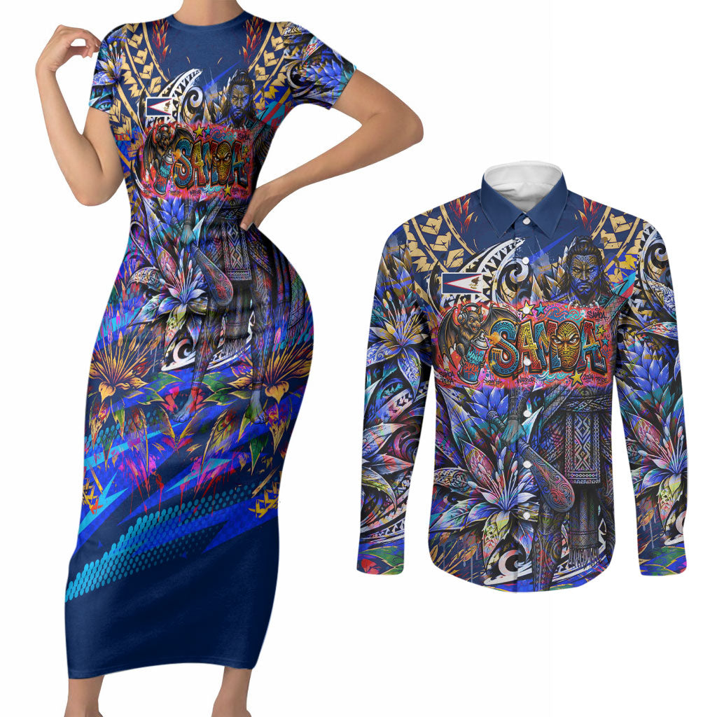 American Samoa Warrior Couples Matching Short Sleeve Bodycon Dress and Long Sleeve Button Shirt Polynesian Fruit Bat Talofa Urban Graffiti Street Art TS04 Blue Yellow - Polynesian Pride