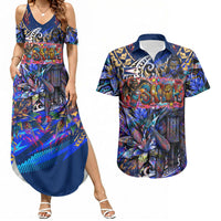 American Samoa Warrior Couples Matching Summer Maxi Dress and Hawaiian Shirt Polynesian Fruit Bat Talofa Urban Graffiti Street Art TS04 Blue Yellow - Polynesian Pride