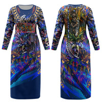American Samoa Warrior Family Matching Long Sleeve Bodycon Dress and Hawaiian Shirt Polynesian Fruit Bat Talofa Urban Graffiti Street Art TS04 Mom's Dress Blue Yellow - Polynesian Pride