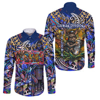 American Samoa Warrior Family Matching Mermaid Dress and Hawaiian Shirt Polynesian Fruit Bat Talofa Urban Graffiti Street Art TS04 Dad's Shirt - Long Sleeve Blue Yellow - Polynesian Pride