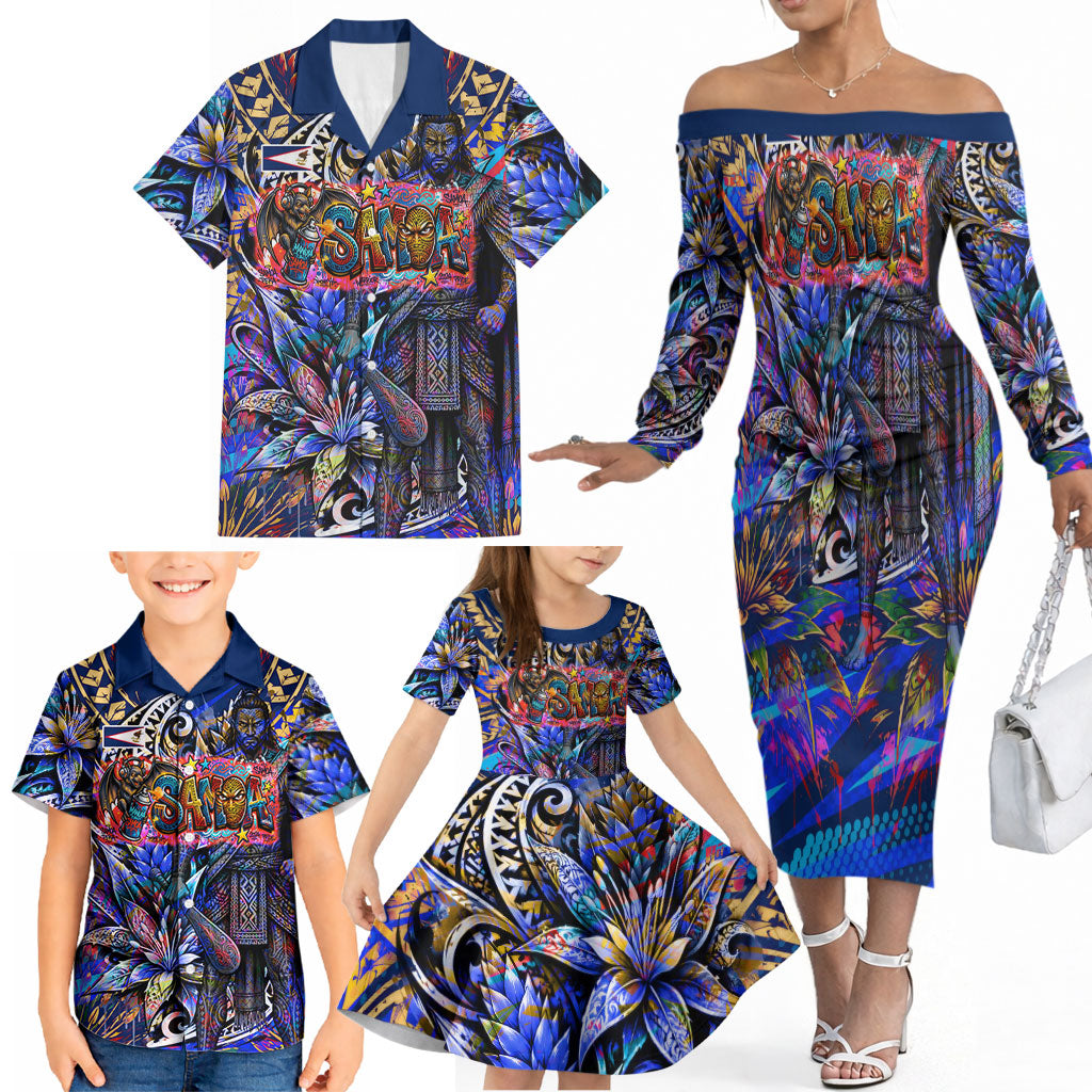 American Samoa Warrior Family Matching Off The Shoulder Long Sleeve Dress and Hawaiian Shirt Polynesian Fruit Bat Talofa Urban Graffiti Street Art TS04 - Polynesian Pride