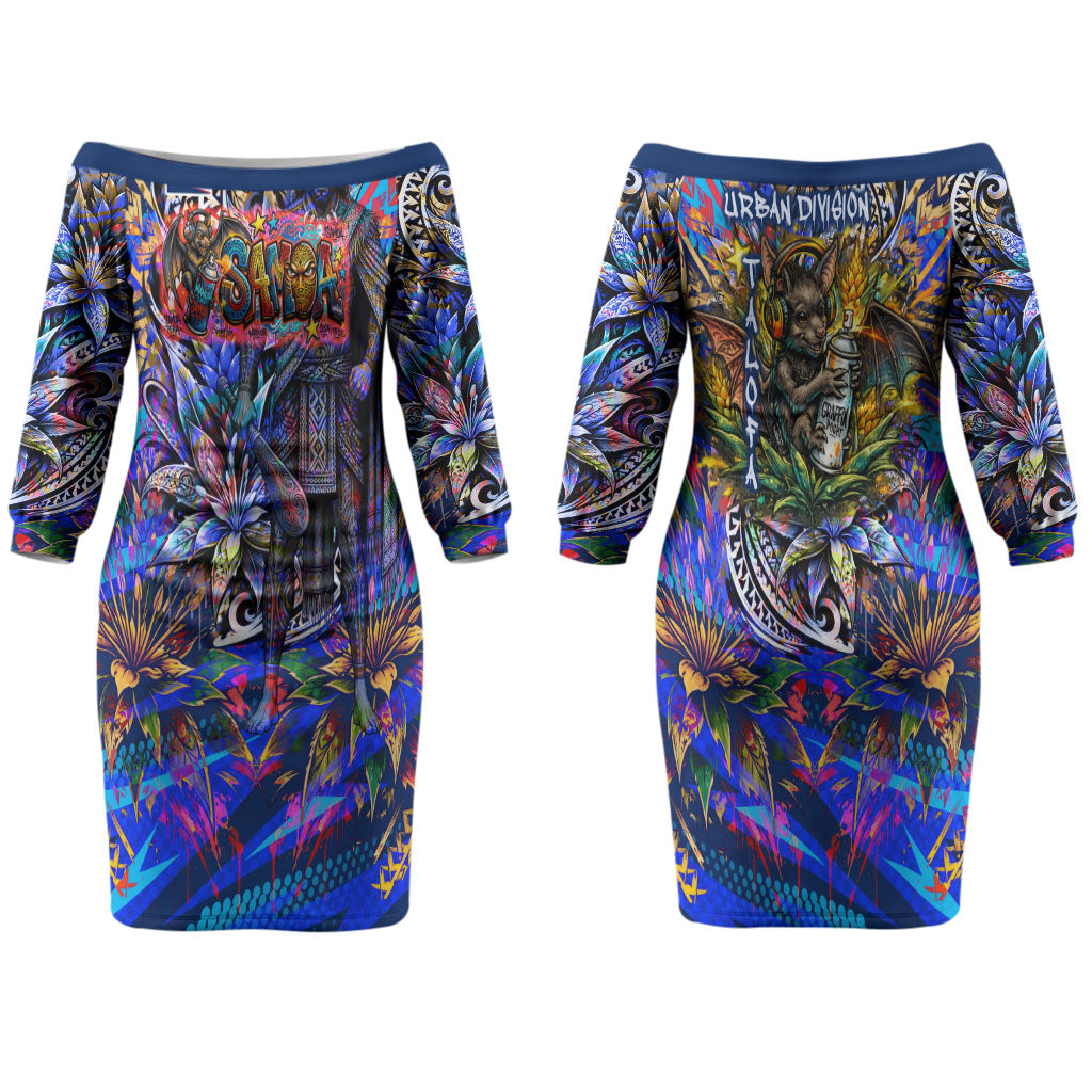 American Samoa Warrior Family Matching Off The Shoulder Long Sleeve Dress and Hawaiian Shirt Polynesian Fruit Bat Talofa Urban Graffiti Street Art TS04 Mom's Dress Blue Yellow - Polynesian Pride