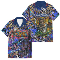 American Samoa Warrior Family Matching Off The Shoulder Long Sleeve Dress and Hawaiian Shirt Polynesian Fruit Bat Talofa Urban Graffiti Street Art TS04 Dad's Shirt - Short Sleeve Blue Yellow - Polynesian Pride