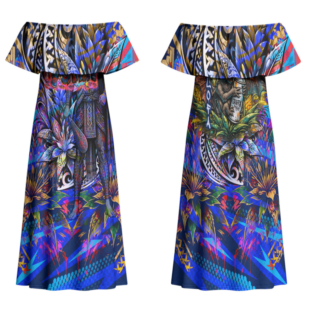 American Samoa Warrior Family Matching Off Shoulder Maxi Dress and Hawaiian Shirt Polynesian Fruit Bat Talofa Urban Graffiti Street Art TS04 Mom's Dress Blue Yellow - Polynesian Pride