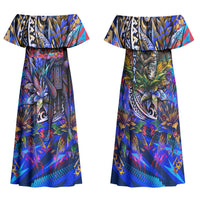 American Samoa Warrior Family Matching Off Shoulder Maxi Dress and Hawaiian Shirt Polynesian Fruit Bat Talofa Urban Graffiti Street Art TS04 Mom's Dress Blue Yellow - Polynesian Pride