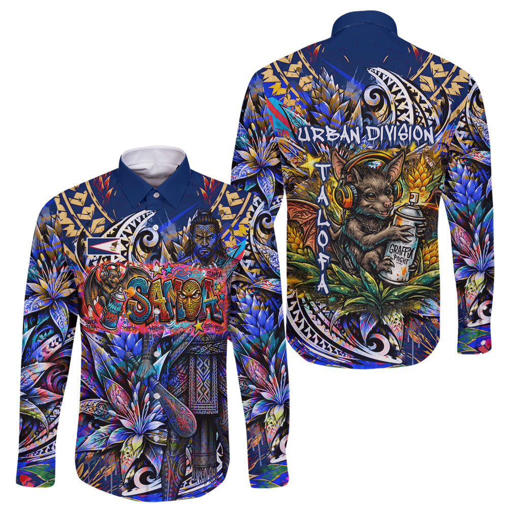 American Samoa Warrior Family Matching Off Shoulder Maxi Dress and Hawaiian Shirt Polynesian Fruit Bat Talofa Urban Graffiti Street Art TS04 Dad's Shirt - Long Sleeve Blue Yellow - Polynesian Pride