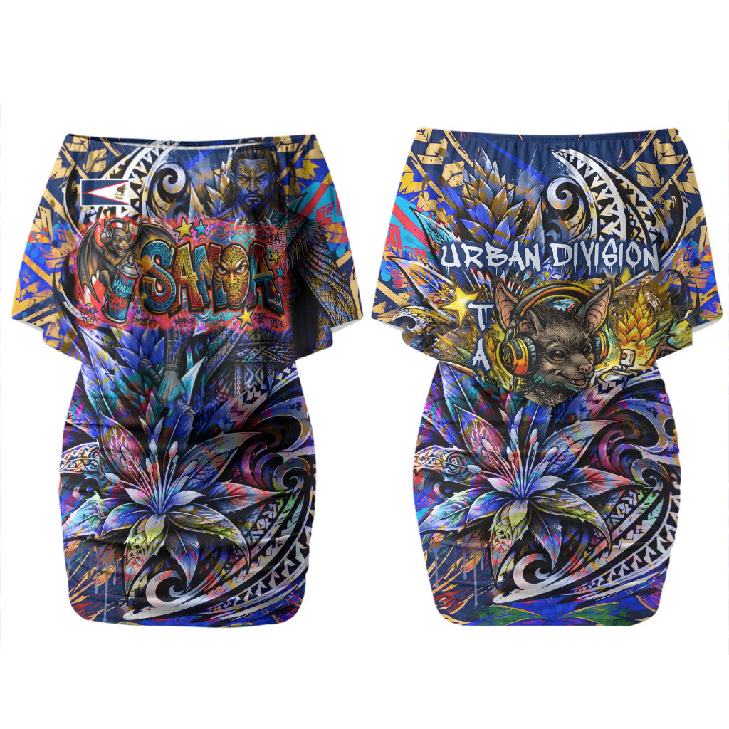 American Samoa Warrior Family Matching Off Shoulder Short Dress and Hawaiian Shirt Polynesian Fruit Bat Talofa Urban Graffiti Street Art TS04 Mom's Dress Blue Yellow - Polynesian Pride