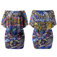 American Samoa Warrior Family Matching Off Shoulder Short Dress and Hawaiian Shirt Polynesian Fruit Bat Talofa Urban Graffiti Street Art TS04 Mom's Dress Blue Yellow - Polynesian Pride