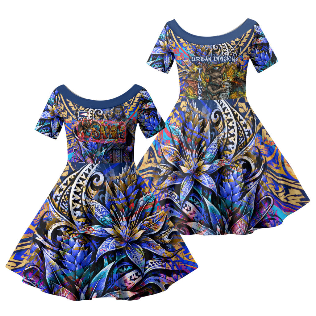 American Samoa Warrior Family Matching Off Shoulder Short Dress and Hawaiian Shirt Polynesian Fruit Bat Talofa Urban Graffiti Street Art TS04 Daughter's Dress Blue Yellow - Polynesian Pride