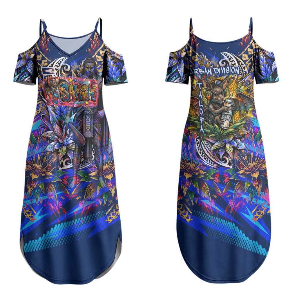 American Samoa Warrior Family Matching Summer Maxi Dress and Hawaiian Shirt Polynesian Fruit Bat Talofa Urban Graffiti Street Art TS04 Mom's Dress Blue Yellow - Polynesian Pride