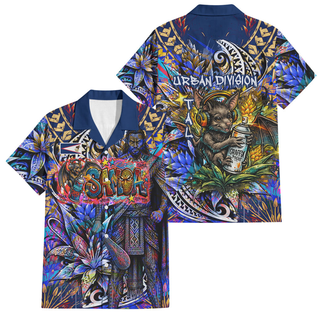 American Samoa Warrior Family Matching Summer Maxi Dress and Hawaiian Shirt Polynesian Fruit Bat Talofa Urban Graffiti Street Art TS04 Dad's Shirt - Short Sleeve Blue Yellow - Polynesian Pride
