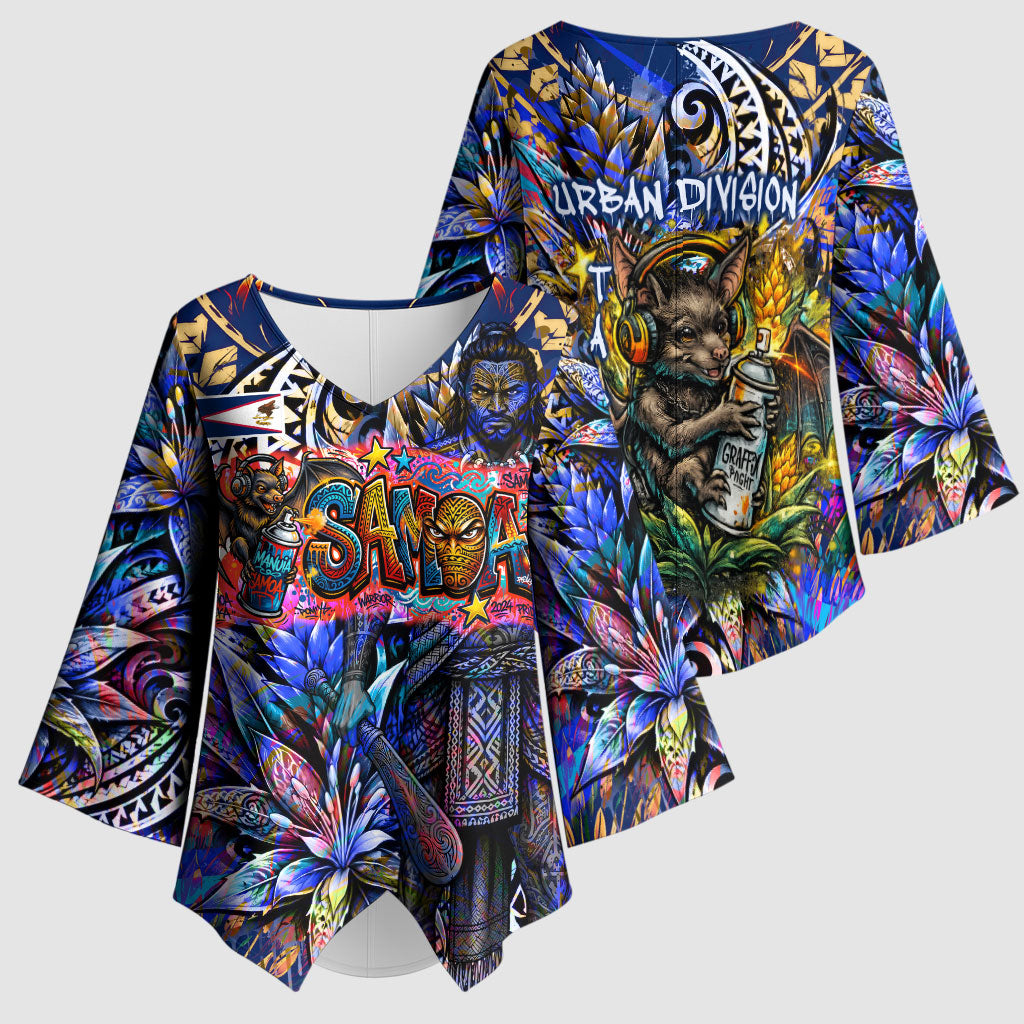 American Samoa Warrior Kimono Sleeve Blouse Polynesian Fruit Bat Talofa Urban Graffiti Street Art